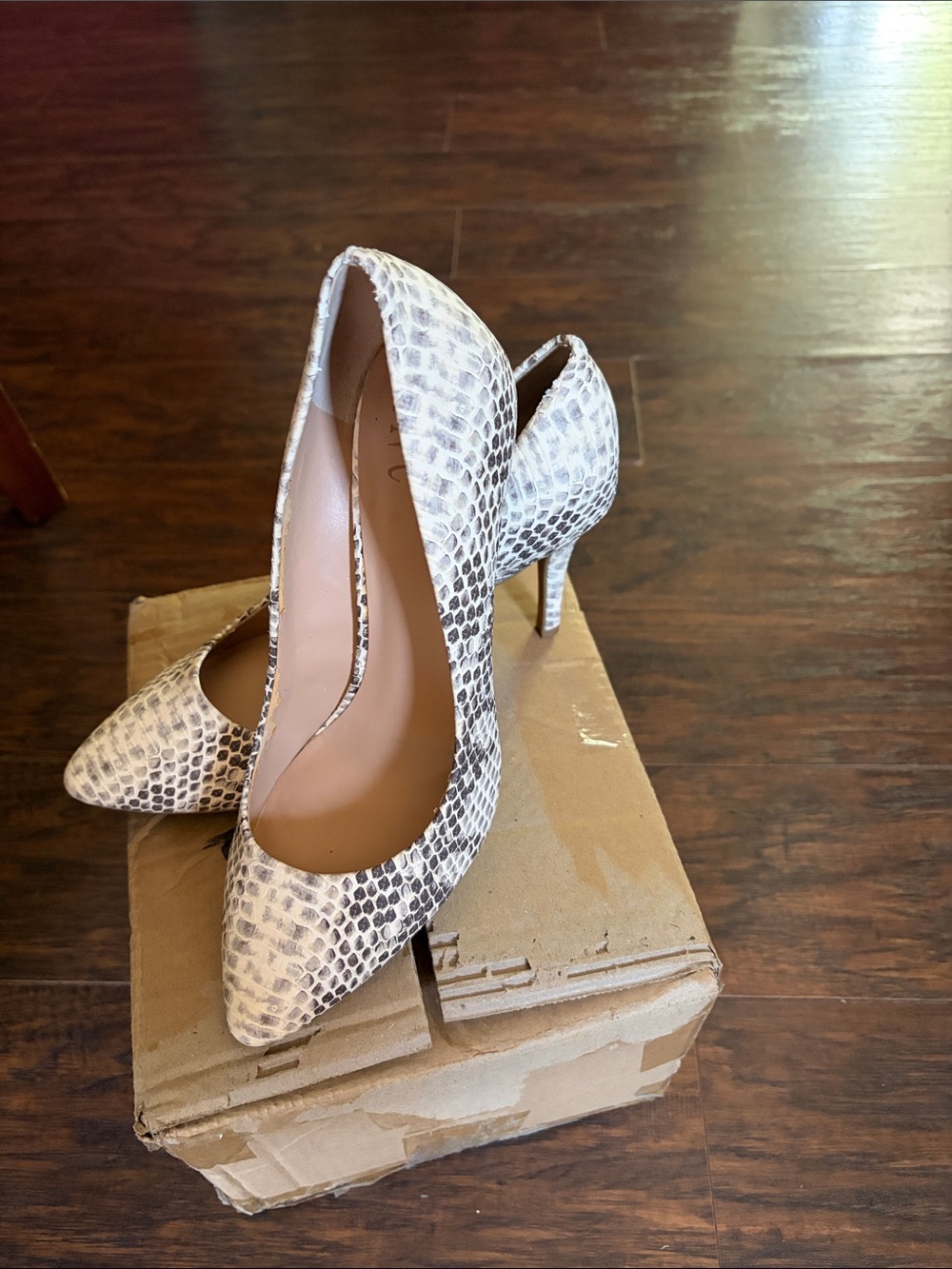 Women's Pointed Toe Snake-Print Pumps in Beige